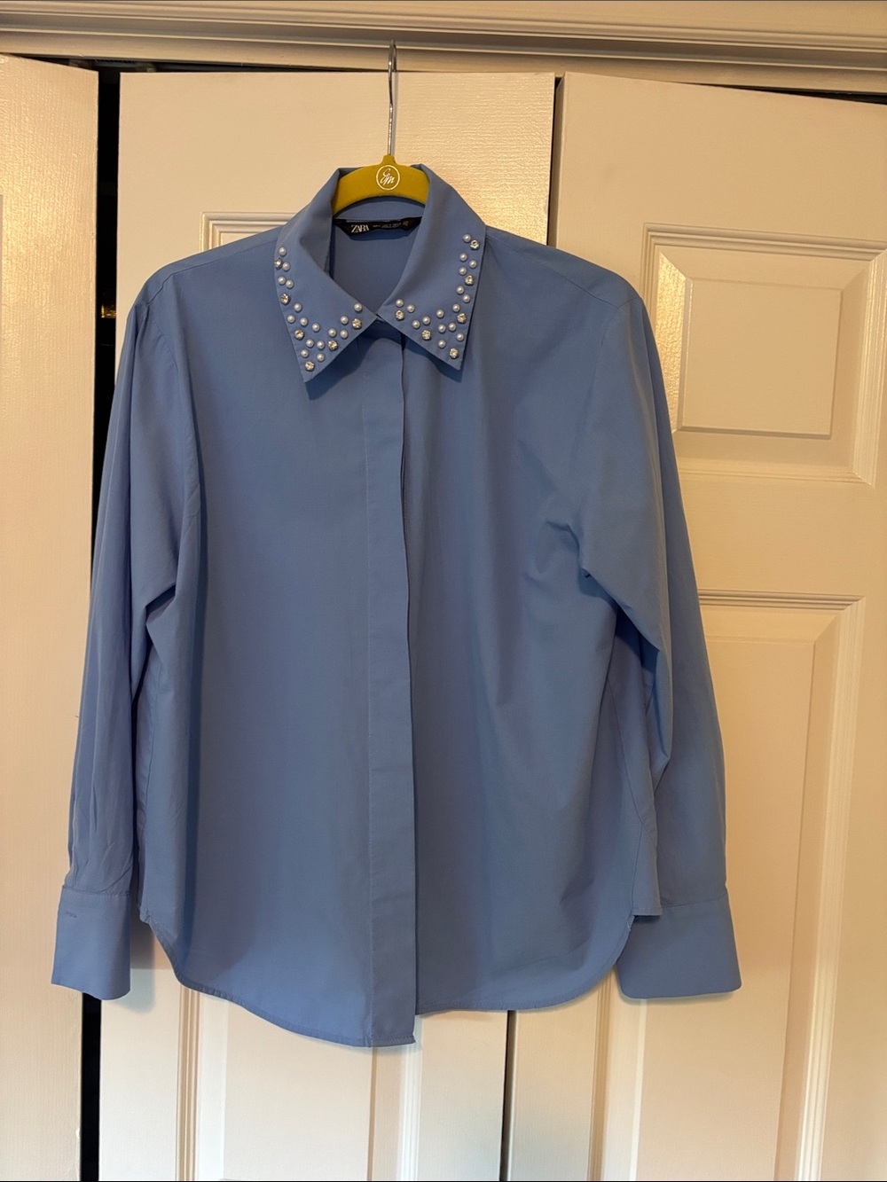 Zara Light Blue Pearl-Collar Button-Up Shirt